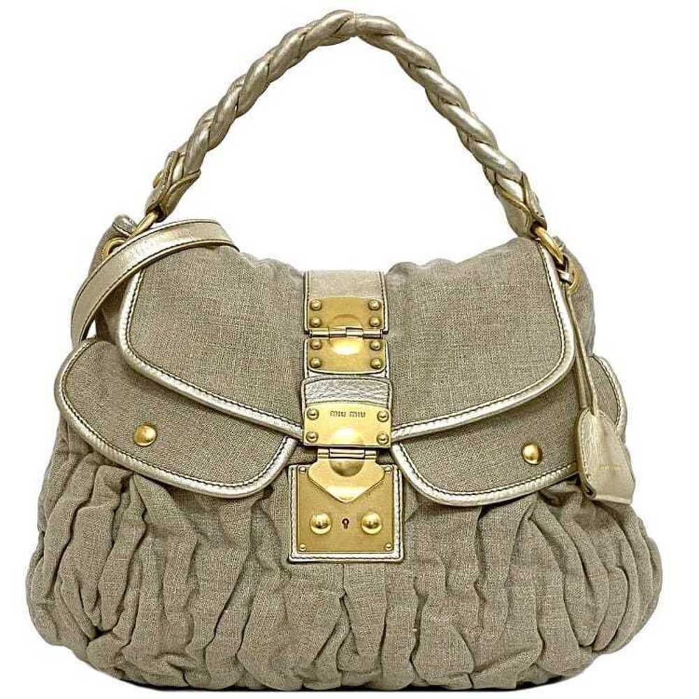 Miu Miu Bag Beige Gold Matelasse Shoulder Canvas Leather Gathered Flap
